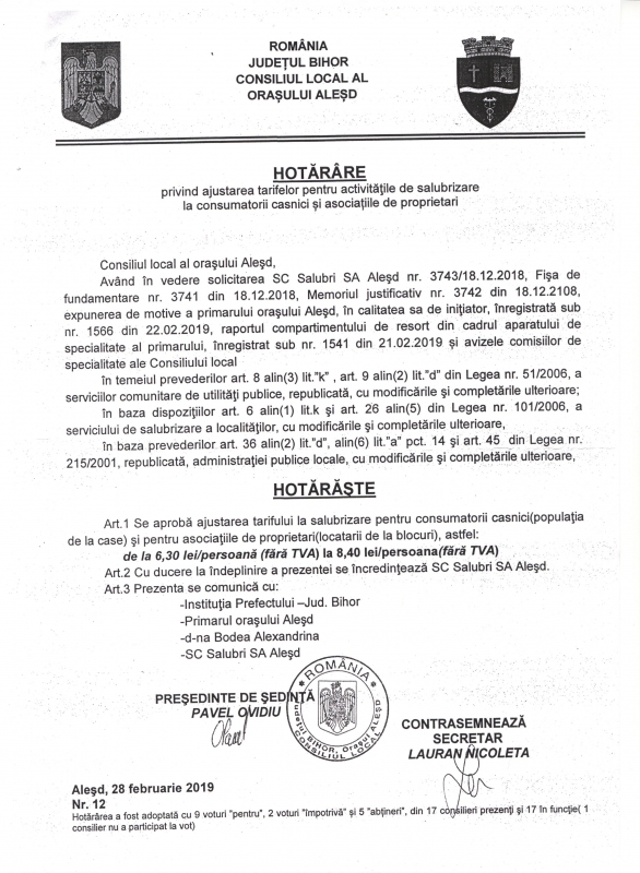 Hotarare 2019 privind ajustare TARIF serviciu public de salubrizare