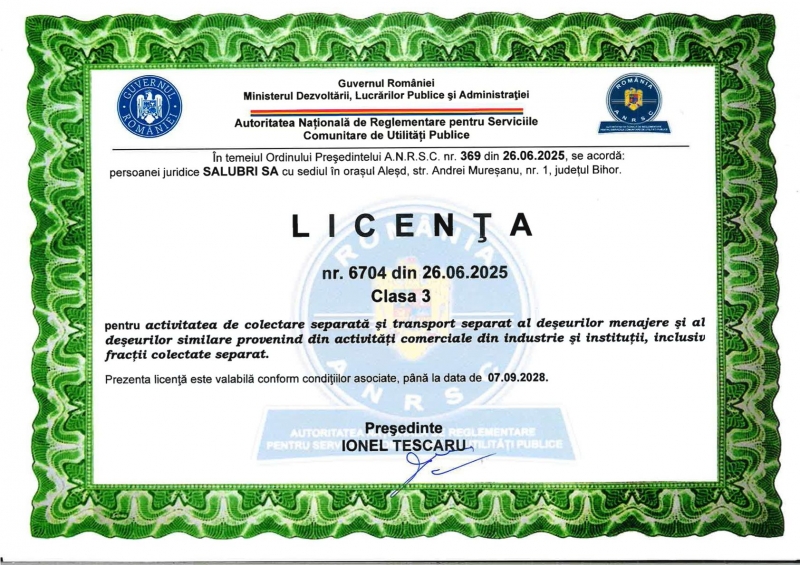 Licență ANRSC pentru serviciul public de salubrizare