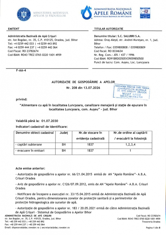 Autorizatie de Gospodarire a Apelor - Luncșoara